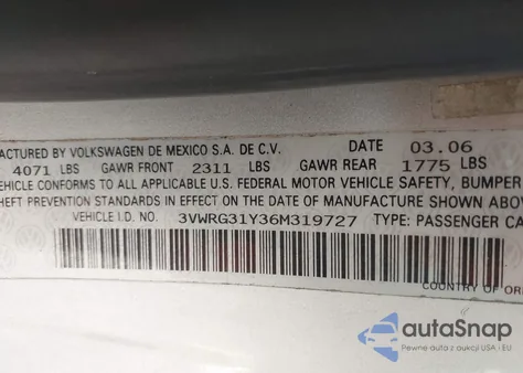 2006 Volkswagen New Beetle 2.5 из США, поврежденный, VIN 3VWRG31Y36M319727